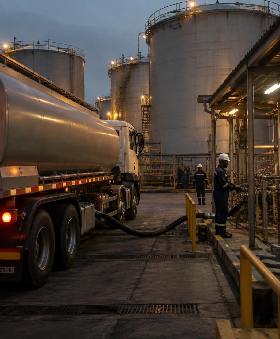Fuel tanker loading beside large diesel storage tanks