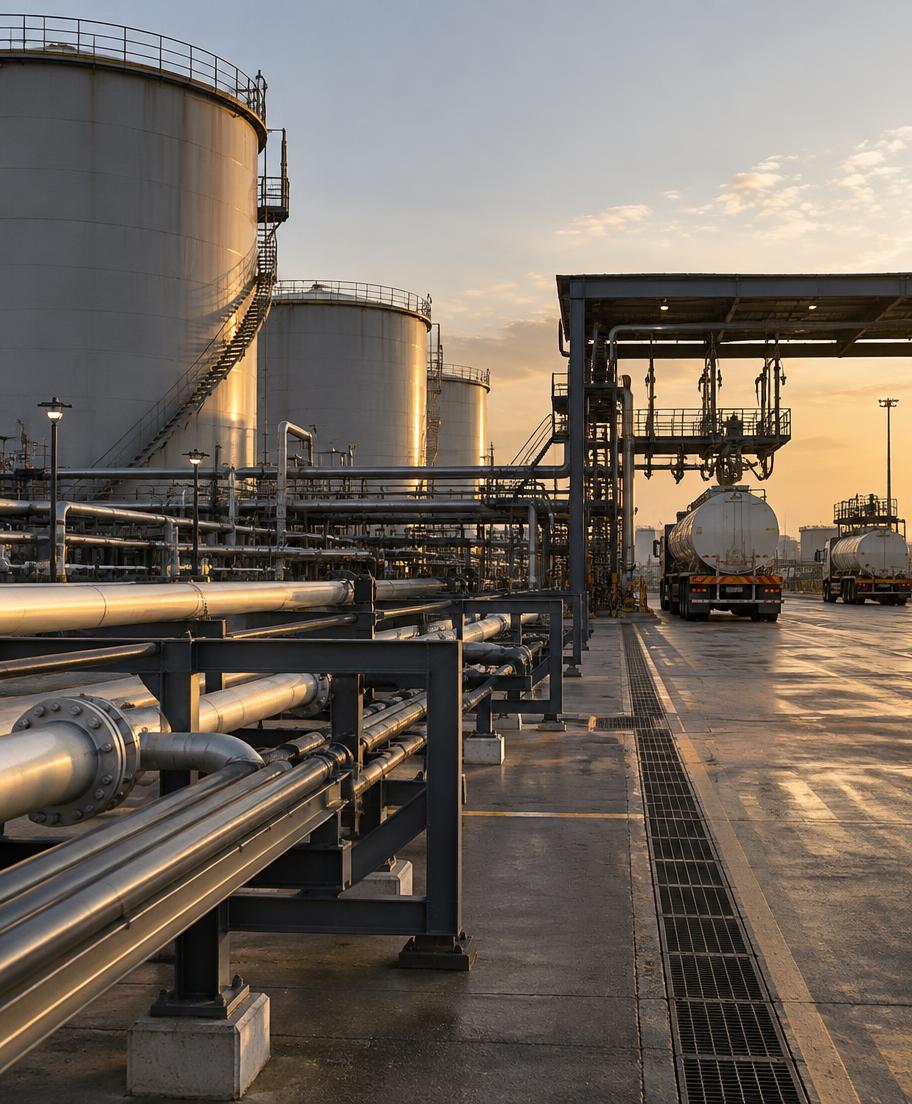 Modern petrol terminal with storage tanks and loading infrastructure
